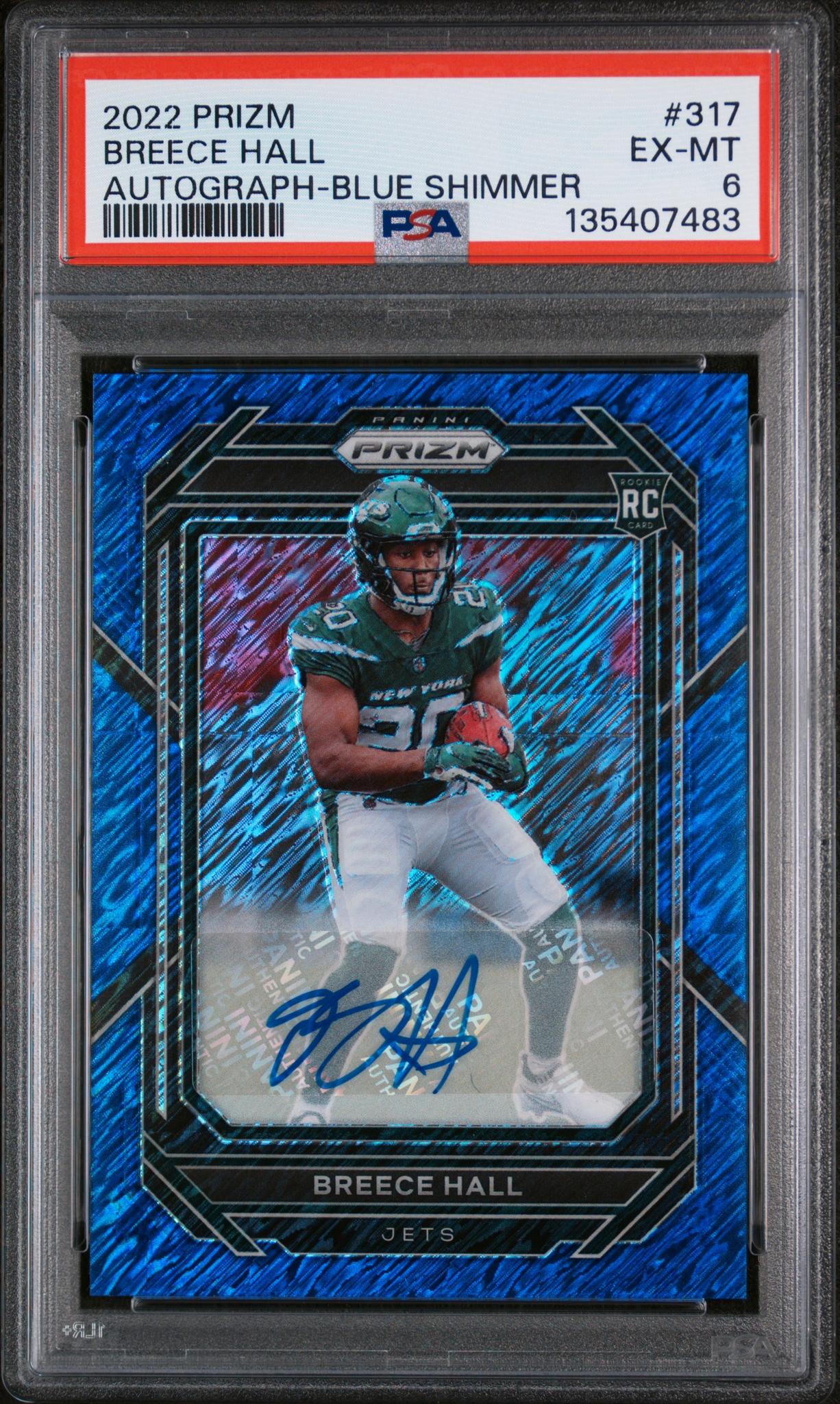 2022 Panini Prizm Autograph Blue Shimmer Prizm Breece Hall #317 /25 PSA 6