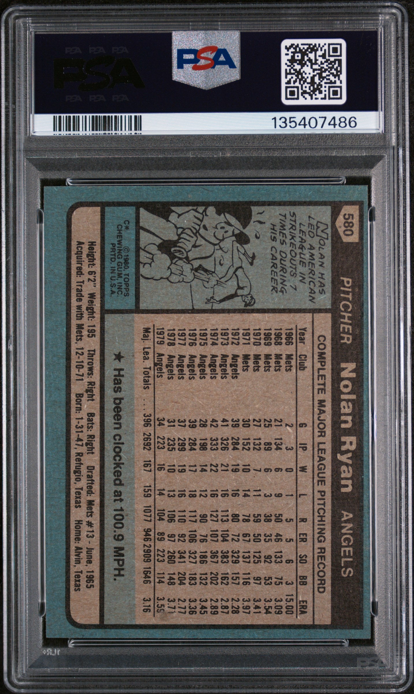 1980 Topps Nolan Ryan #580 PSA 6