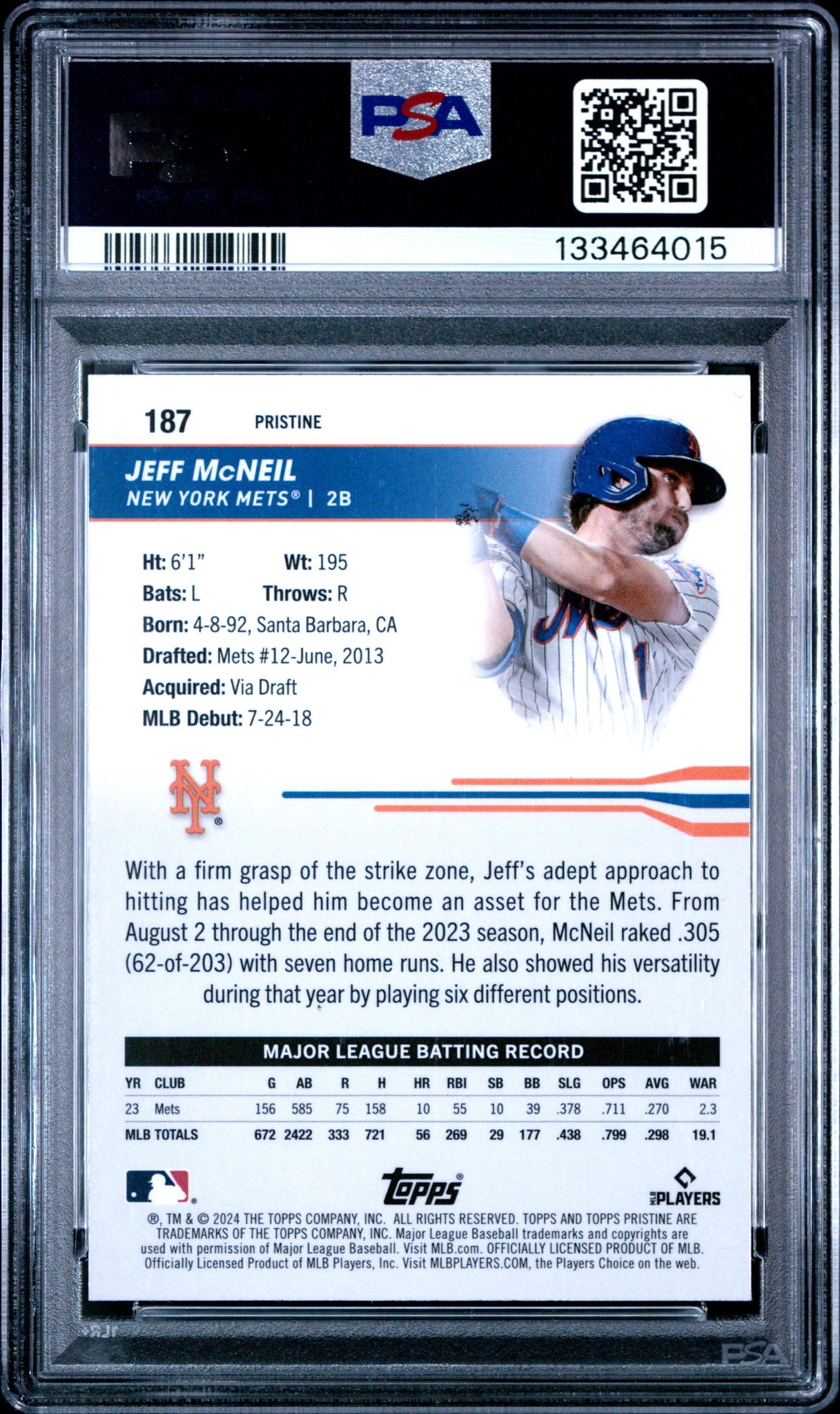 2024 Topps Pristine Pristine Gold Jeff Mcneil #187 /50 PSA 10