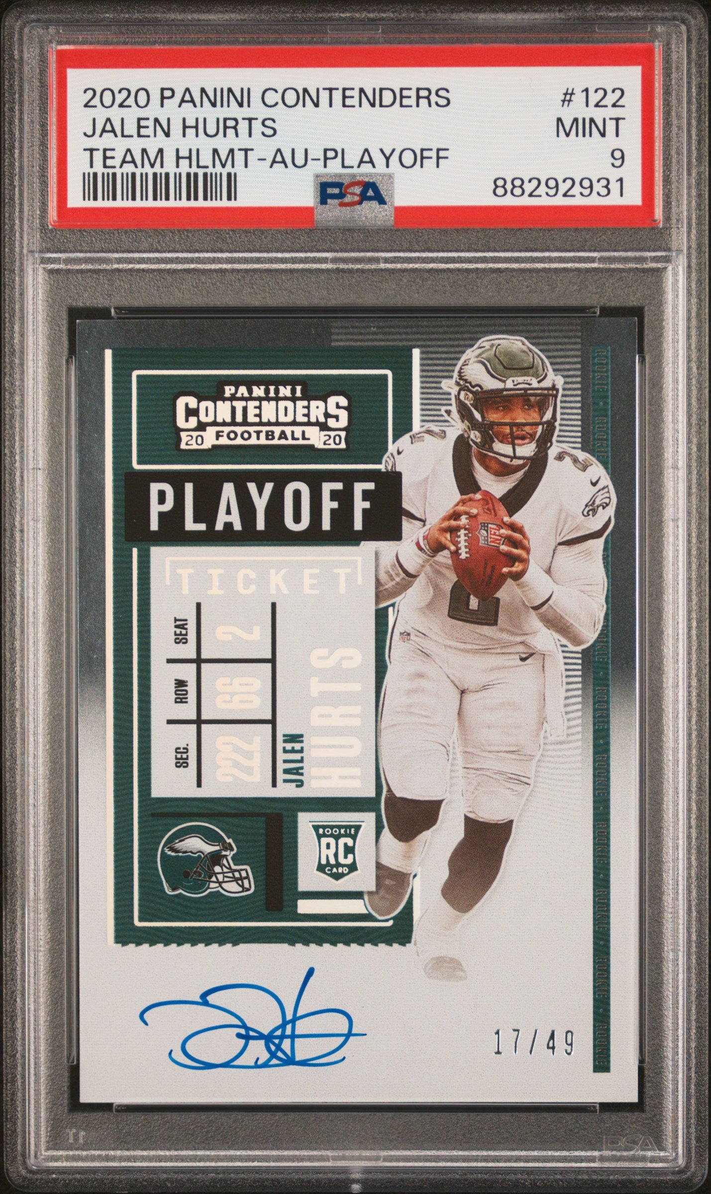 2020 Panini Contenders Team Helmet Variation Playoff Ticket Autograph Jalen Hurts #122B /49 PSA 9