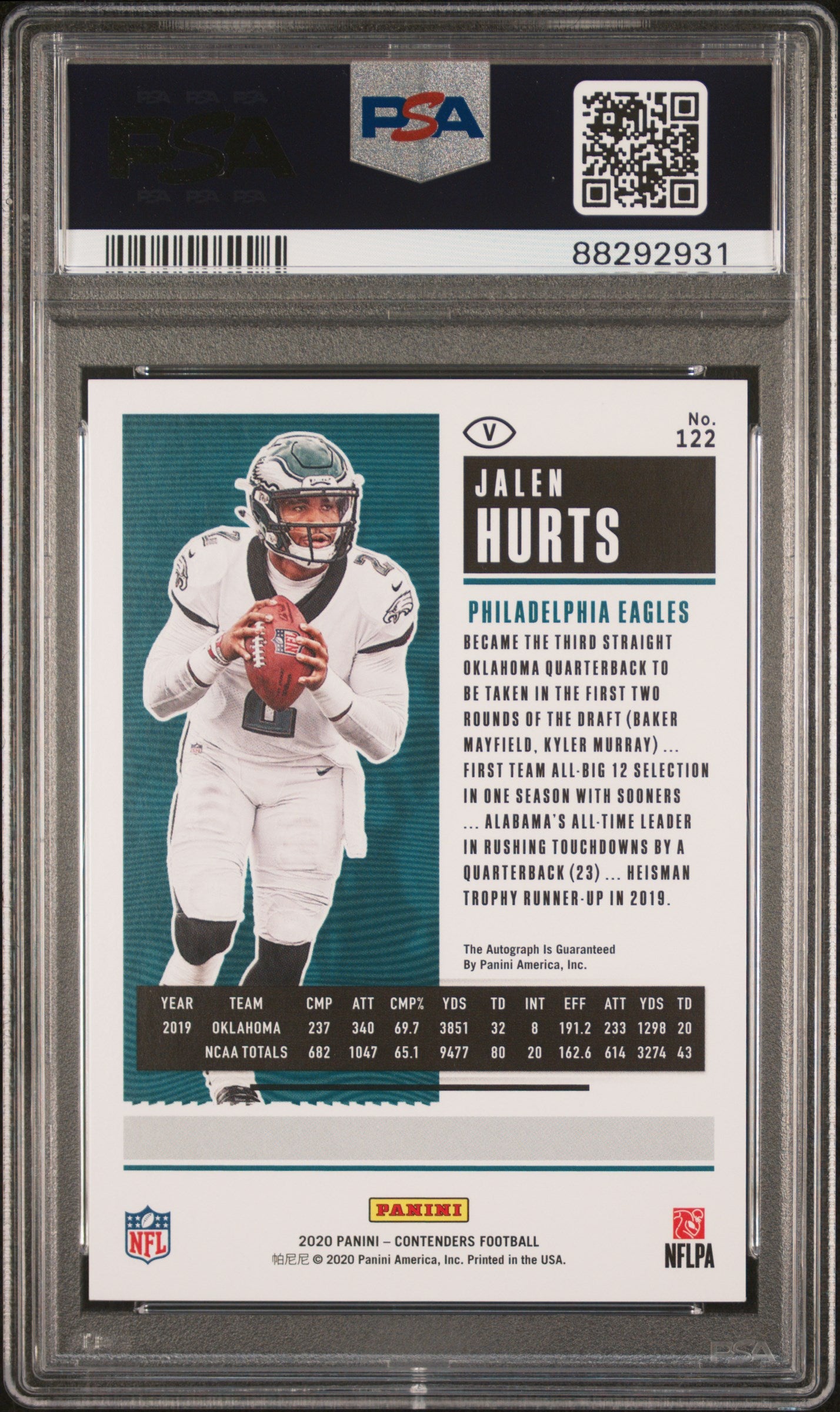 2020 Panini Contenders Team Helmet Variation Playoff Ticket Autograph Jalen Hurts #122B /49 PSA 9