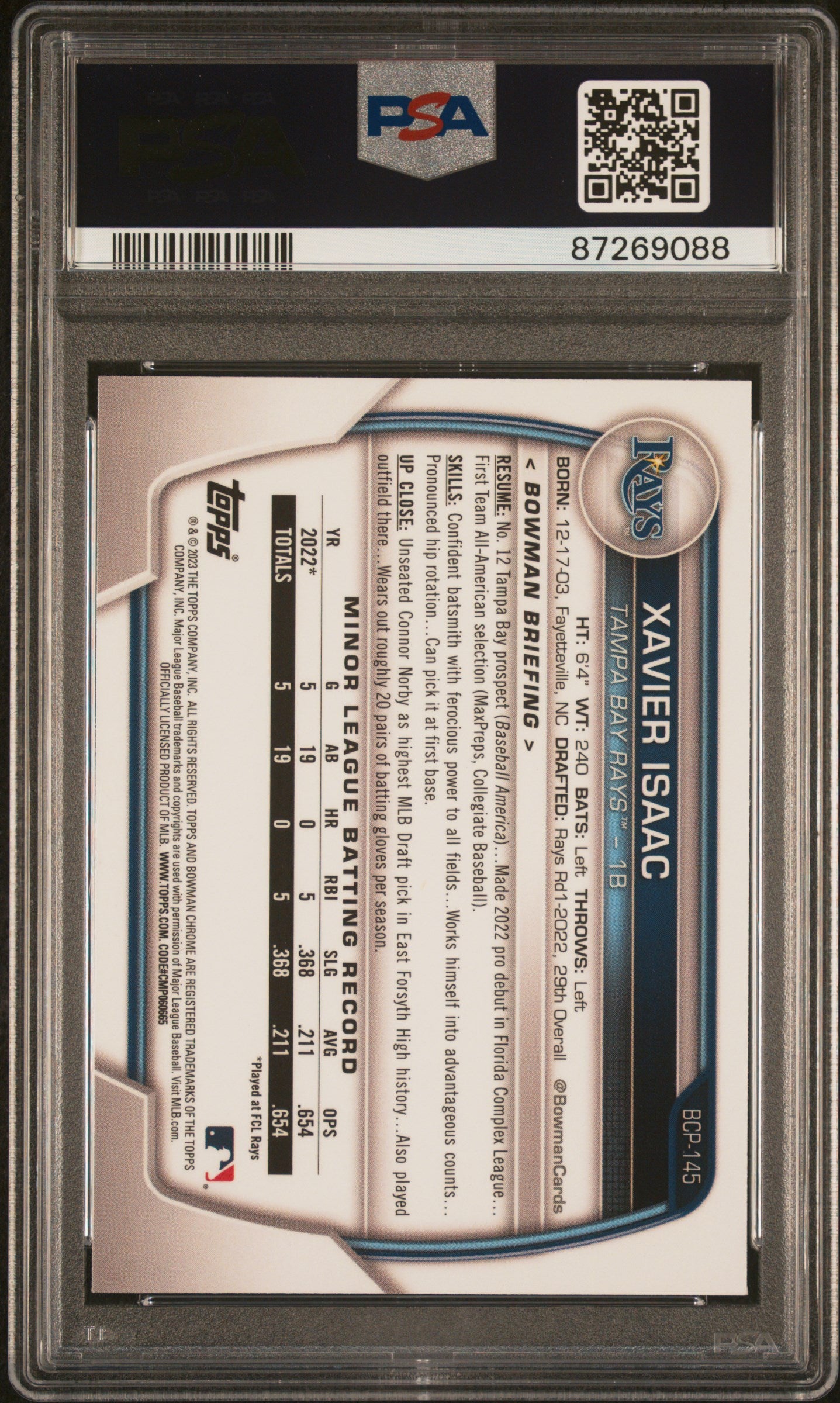 2023 Bowman Chrome Prospect Atomic Refractor Xavier Isaac #BCP145 PSA 10