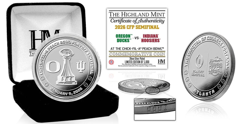 Highland Mint Oregon vs. Indiana 2025-26 CFP Peach Bowl Silver Plated Game Coin - Limited Edition /5,000