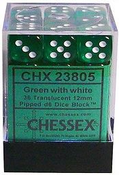 Chessex Translucent Green/White 12mm d6 Dice Block (36 Dice)