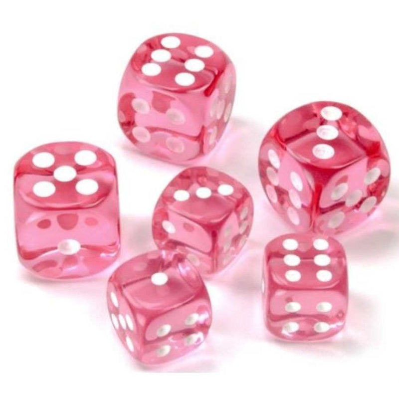 Chessex Lab Dice Translucent 12mm D6 Block (36 Count) - Pink with White Pips