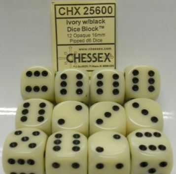 Chessex Opaque 16mm D6 Ivory/Black Dice Block
