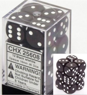 Chessex Opaque 16mm D6 Black/White Dice Block