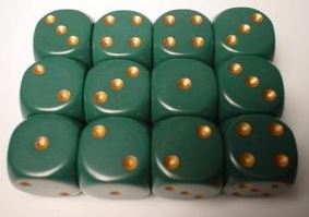 Chessex Opaque 16mm D6 Dusty Green/Copper Dice Block (12 Dice)