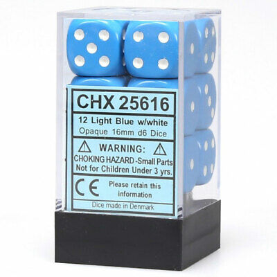 Chessex Opaque Light Blue/White 16mm D6 Dice Block (12 Dice)