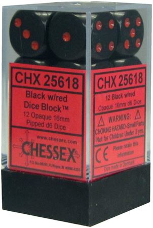 Chessex: Opaque 16Mm D6 Black/Red Dice Block