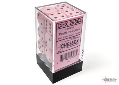 Chessex Opaque 16mm d6 Pastel Pink/black Dice Block (12 Dice)