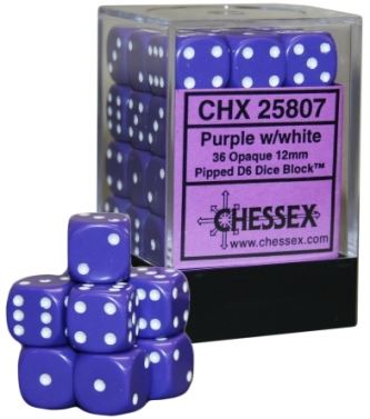 Chessex Opaque 12mm d6 Purple/white Dice Block (36 dice)