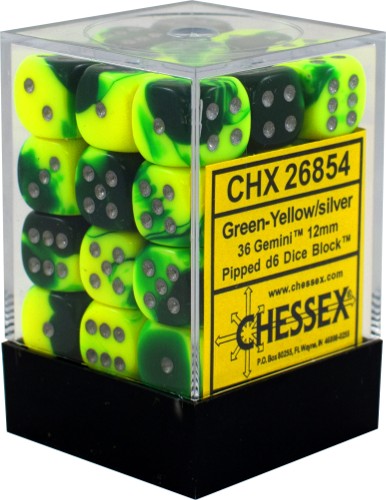 Chessex Gemini Green-Yellow/Silver 12mm d6 Dice Block (36 Dice)