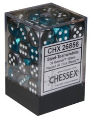 Chessex Gemini Steel-Teal/White 12mm d6 Dice Block (36 Dice)