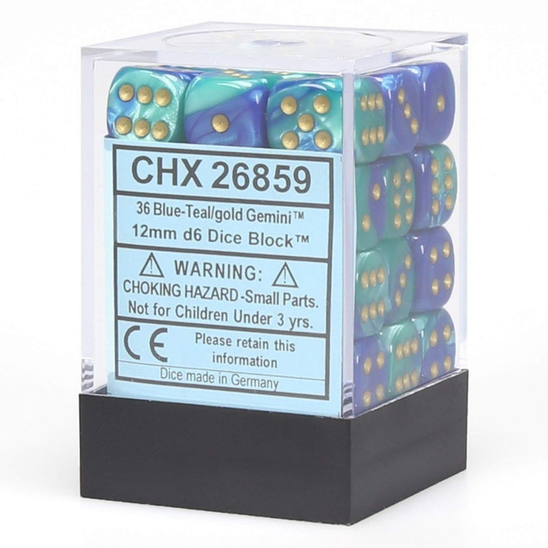 Chessex Gemini Blue-Teal/Gold 12mm D6 Dice Block (36 Dice)
