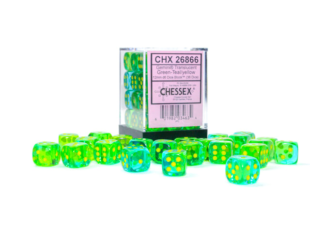 Chessex Gemini Translucent Green-Teal/Yellow 12MM D6 Dice Block