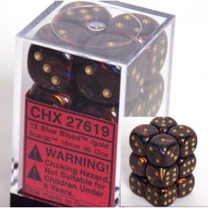Chessex Scarab Blue Blood/Gold 16mm D6 Dice Block