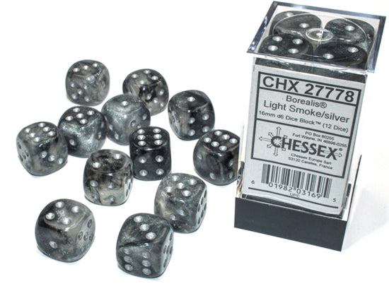Chessex Borealis 16mm d6 Light Smoke/silver Luminary Dice Block (12 dice)