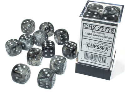 Chessex Borealis 16mm d6 Light Smoke/silver Luminary Dice Block (12 Dice)