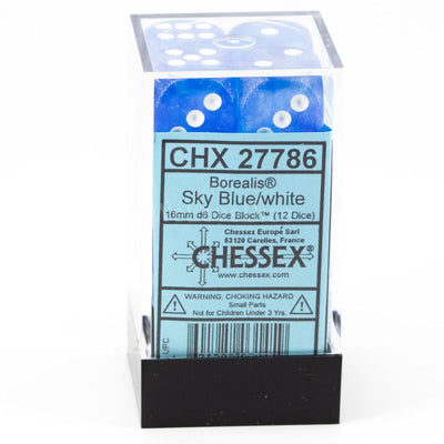 Chessex Borealis 16mm d6 Sky Blue/White Luminary Dice Block (12 Dice)