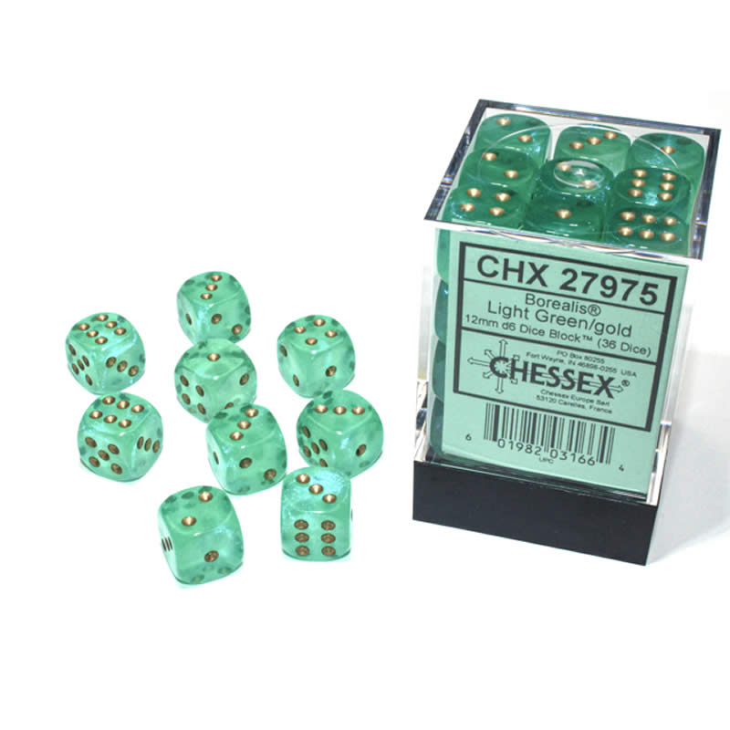 Chessex Borealis 12mm d6 Light Green/gold Luminary Dice Block (36 dice)