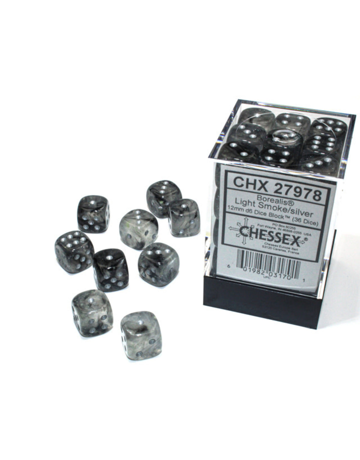 Chessex Borealis 12mm d6 Light Smoke/silver Luminary Dice Block (36 dice)