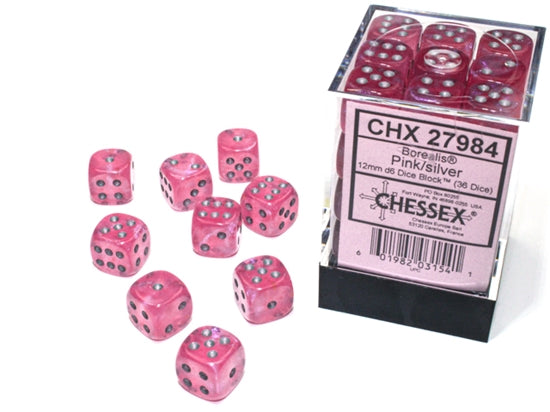 Chessex Borealis 12mm d6 Pink/silver Luminary Dice Block (36 dice)