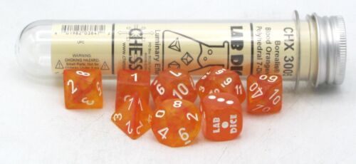 Chessex Lab Dice 6 Borealis Blood Orange/White 7 Die Set with Bonus Die