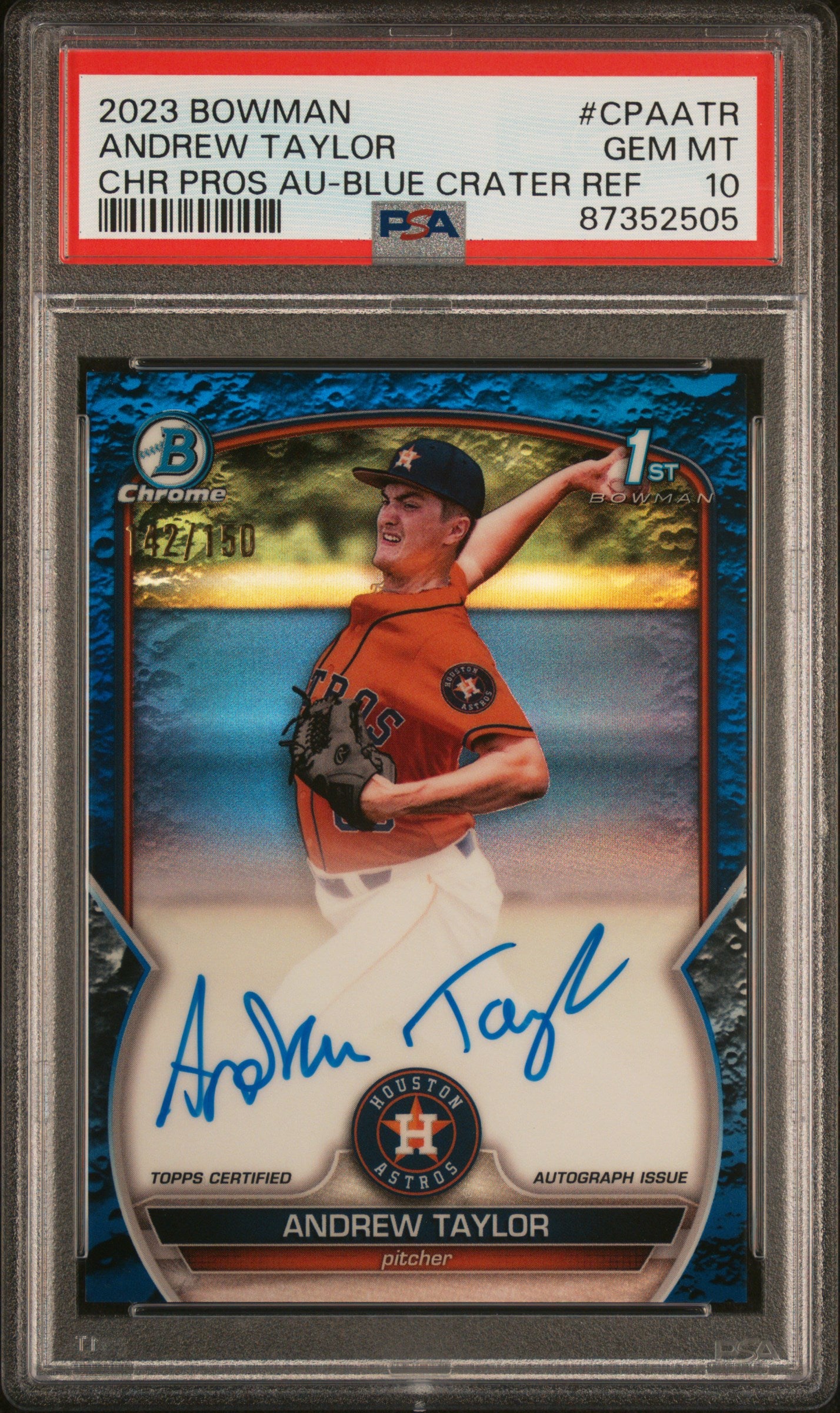 2023 Bowman #CPAATR Andrew Taylor Chrome Prospect Autograph Blue Lunar Crater Refractor /150 PSA 10