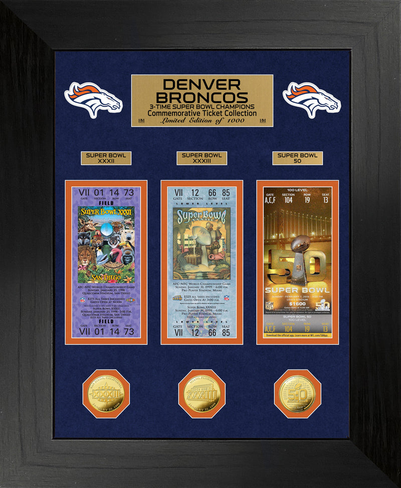 Highland Mint Denver Broncos 3-Time Super Bowl Champions Gold Coin & Ticket Collection - Limited Edition /1,000