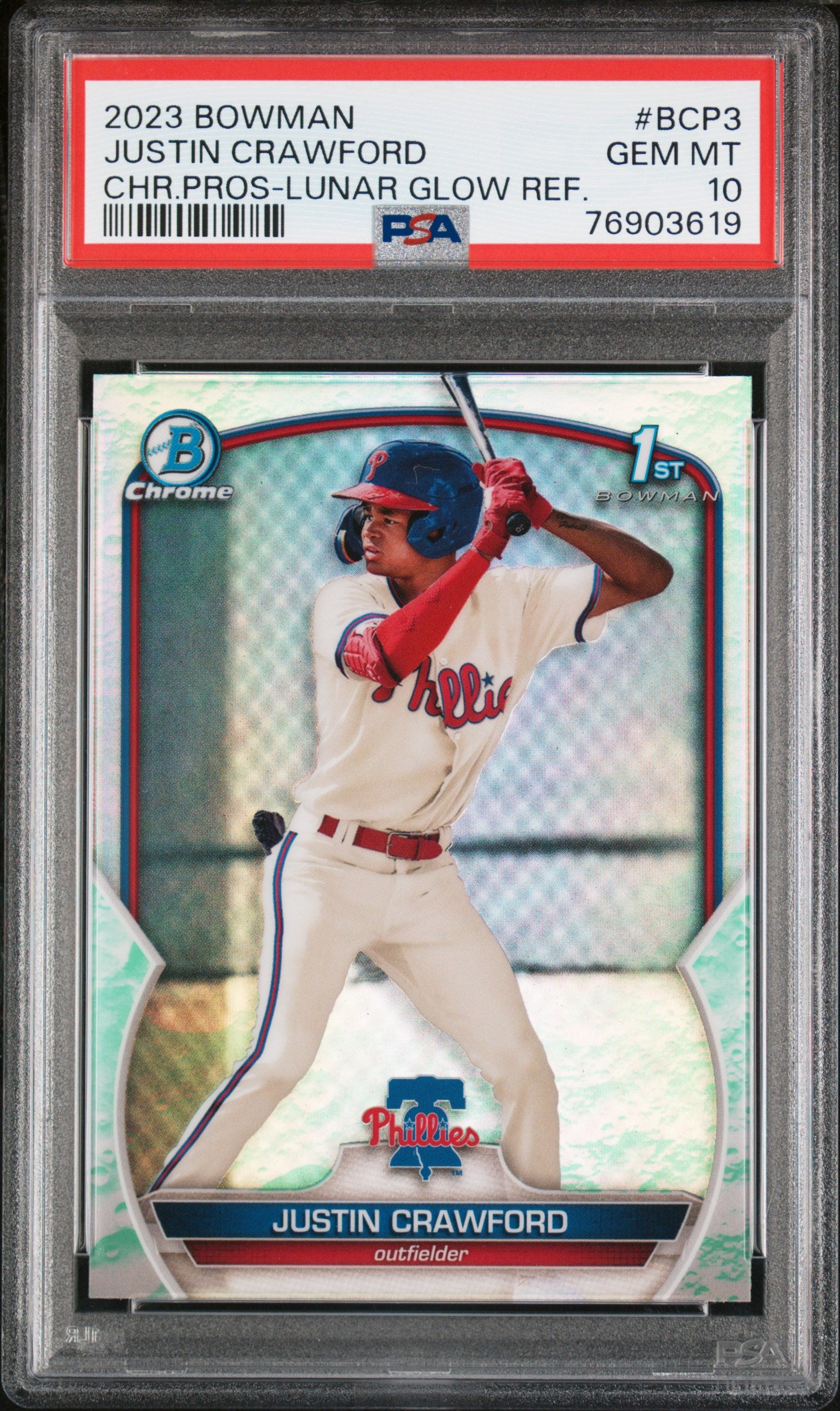 2023 Bowman Chrome Prospect Lunar Glow Refractor Justin Crawford #BCP3 PSA 10