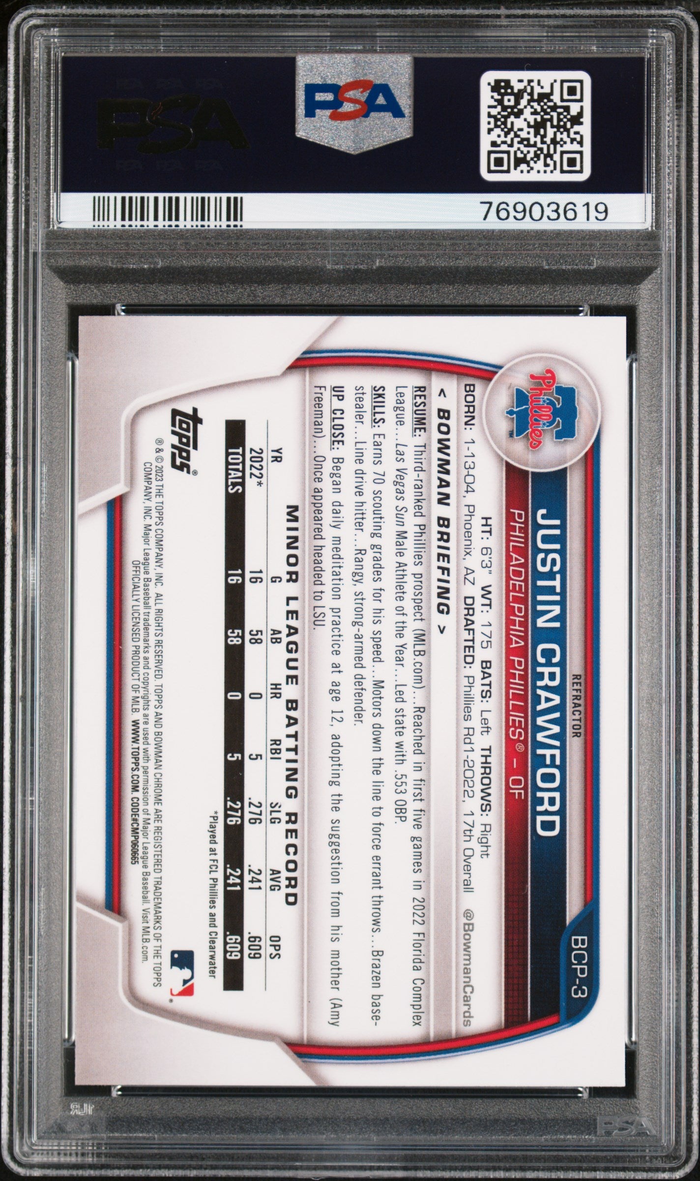 2023 Bowman Chrome Prospect Lunar Glow Refractor Justin Crawford #BCP3 PSA 10