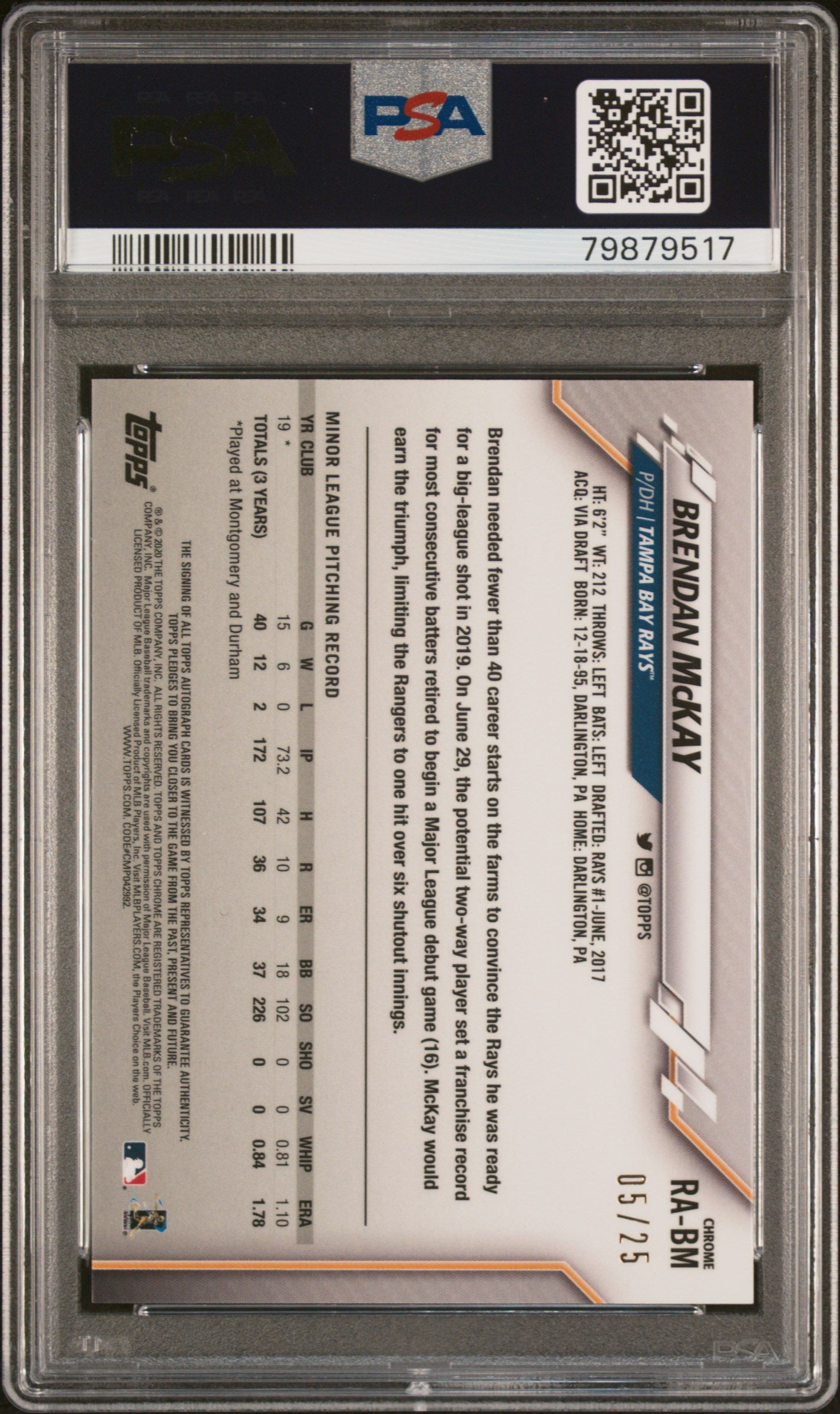 2020 Topps Chrome Update Sapphire Orange Brendan McKay #RA-BM RC Auto /25 PSA 9