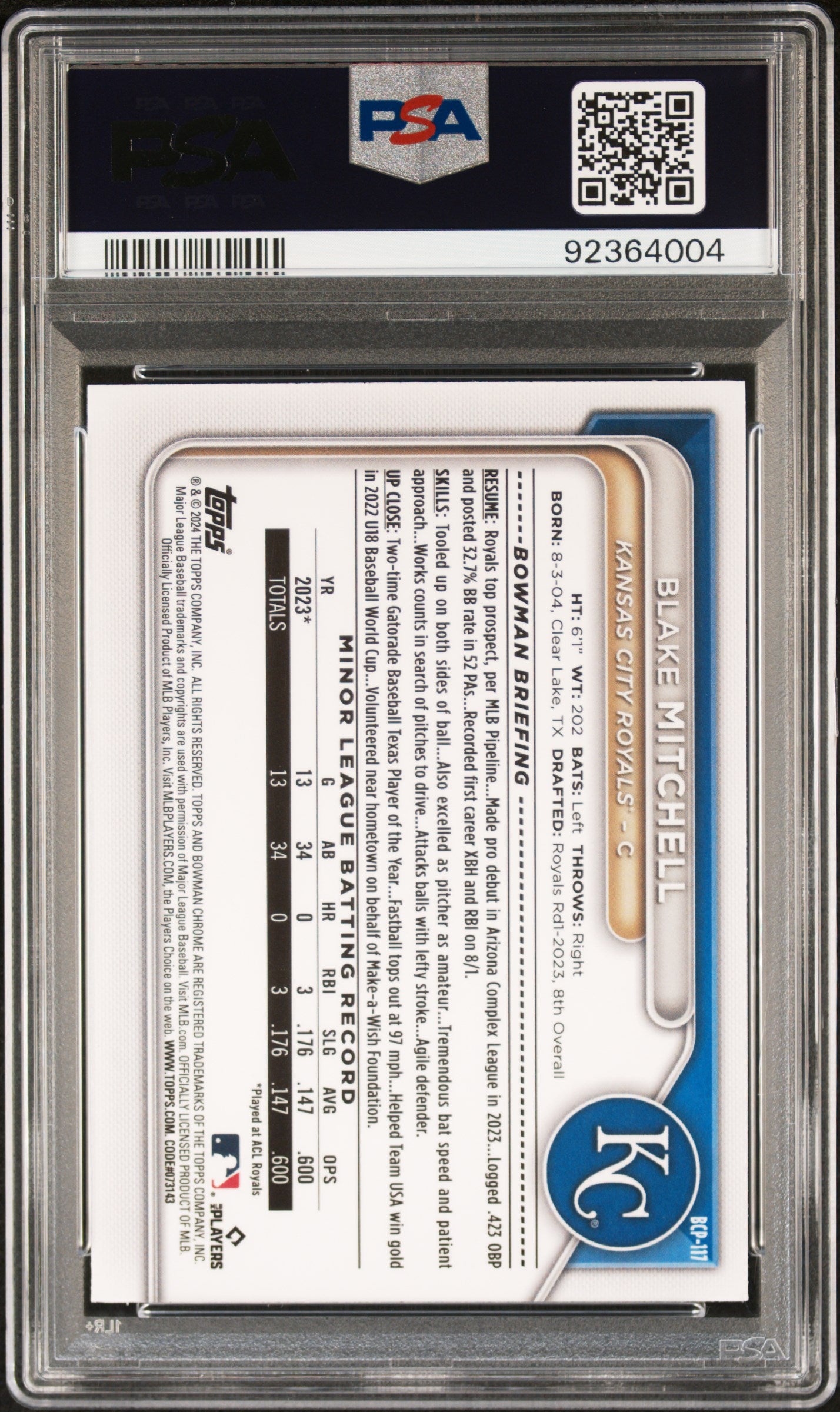 2024 Bowman Chrome Prospects Gold Blake Mitchell #BCP117 PSA 10