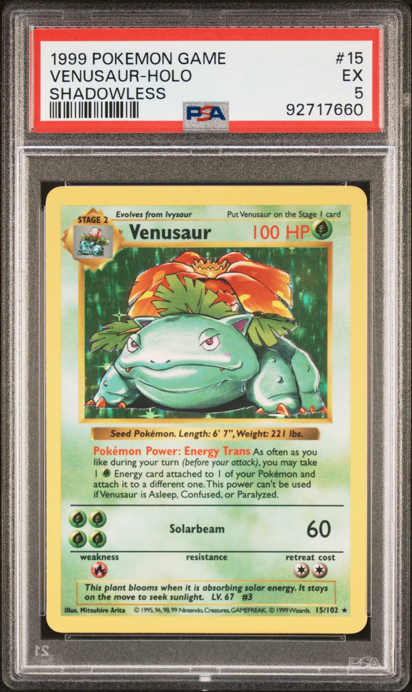 1999 Pokemon Base Set #15 Venusaur Shadowless Holo PSA 5