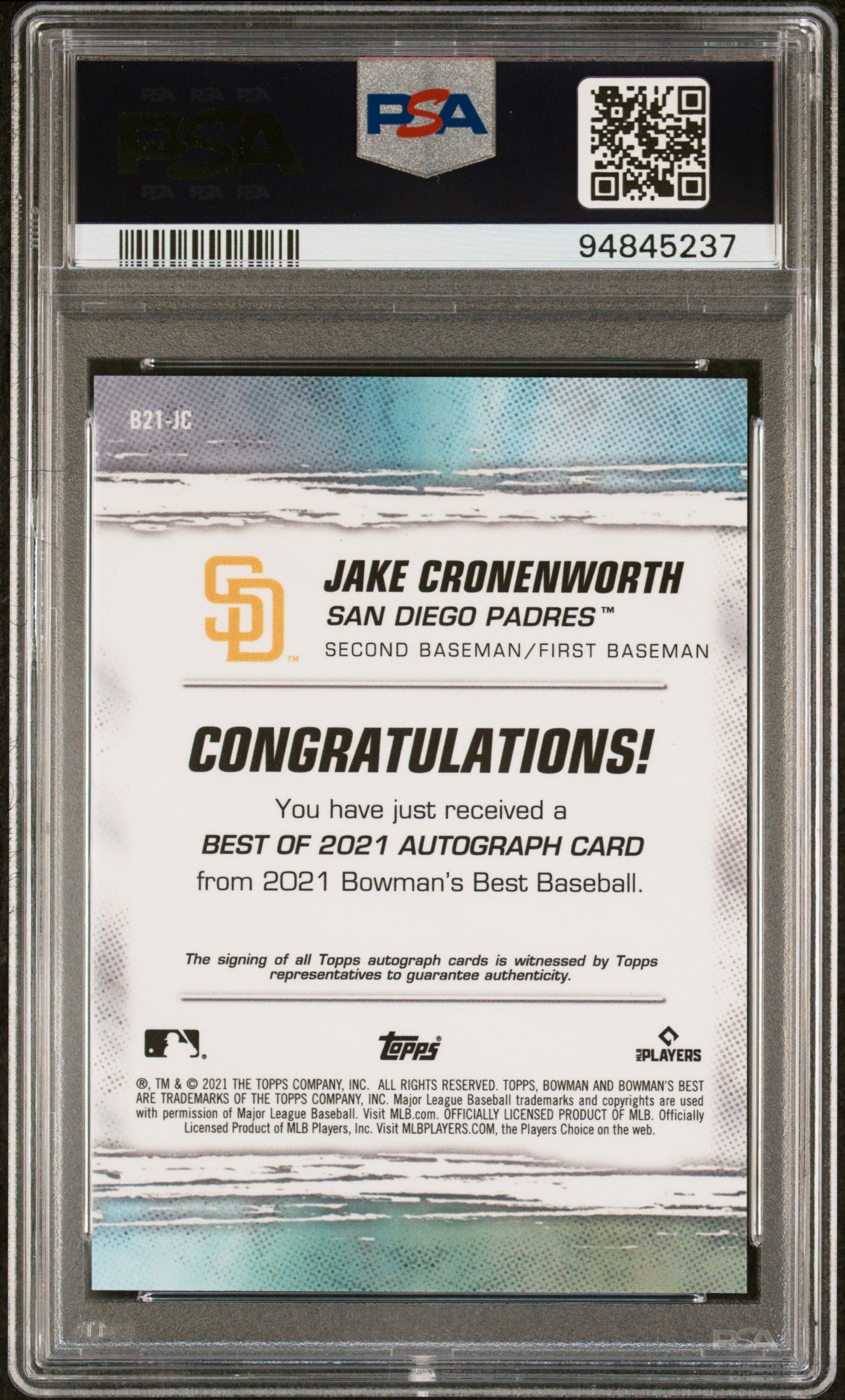 2021 Bowman's Best of 2021 Autographs Jake Cronenworth Rookie RC PSA 10