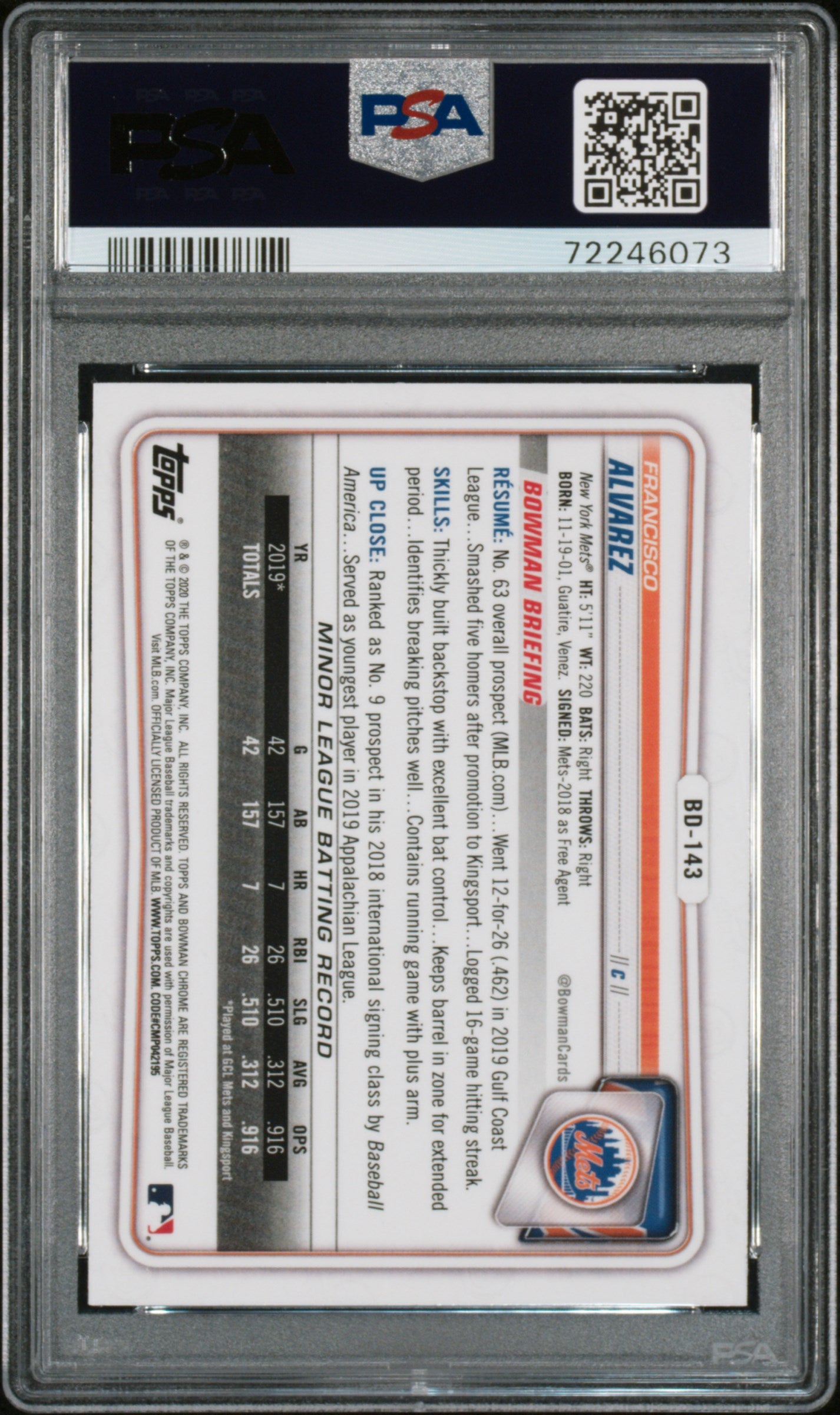 2020 Bowman Draft Chrome-Sparkle Refractor Francisco Alvarez PSA 10