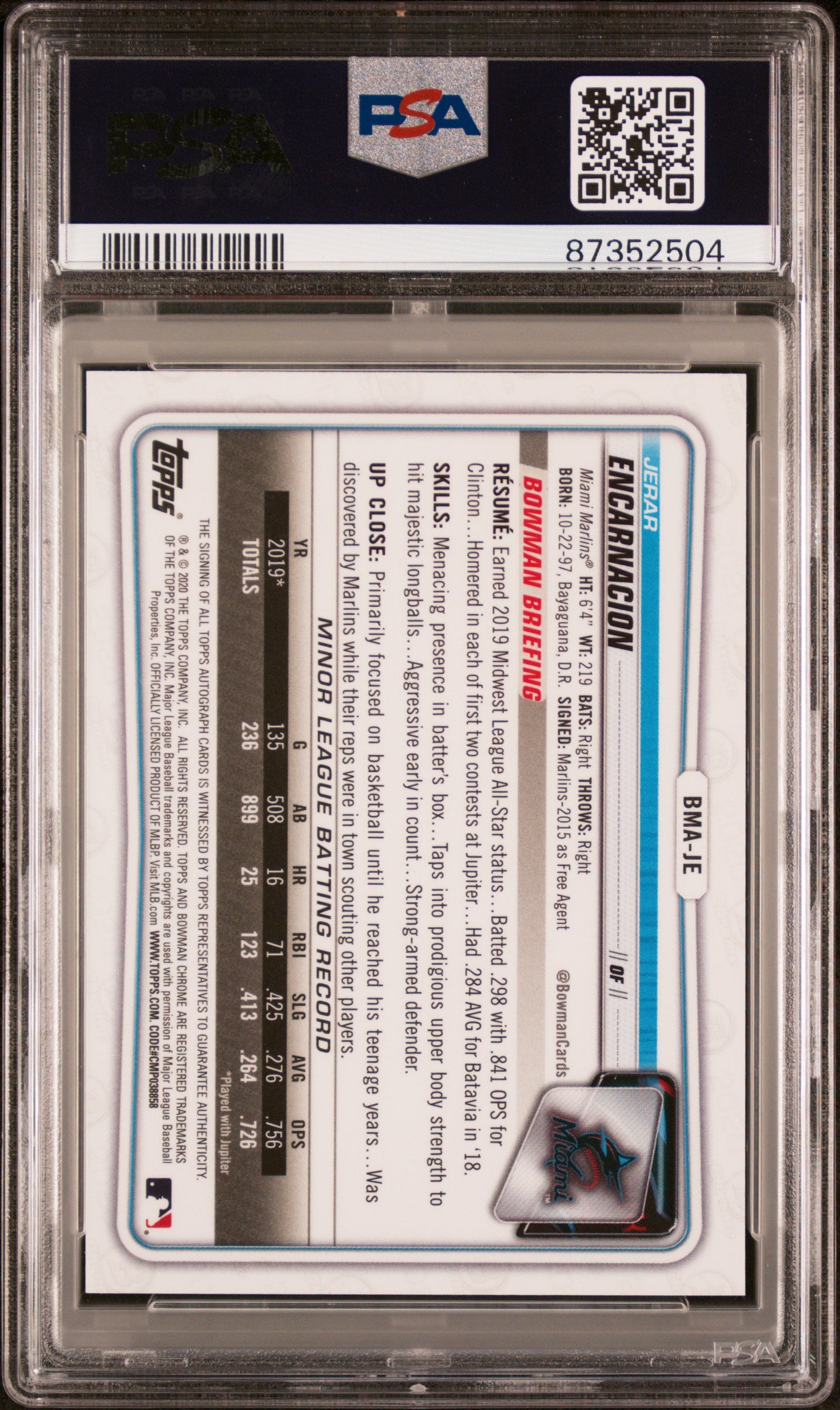 2020 Bowman Chrome Mega Box Autographs Jerar Encarnacion #BMAJE PSA 10