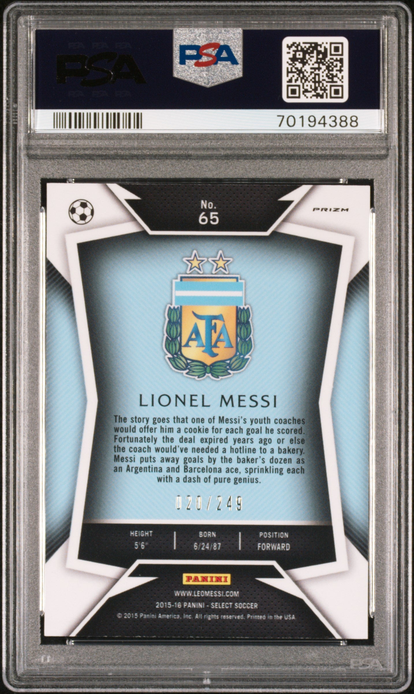 2015 Panini Select #65 Lionel Messi Dark Blue Jersey Variation Camo /249 PSA 10