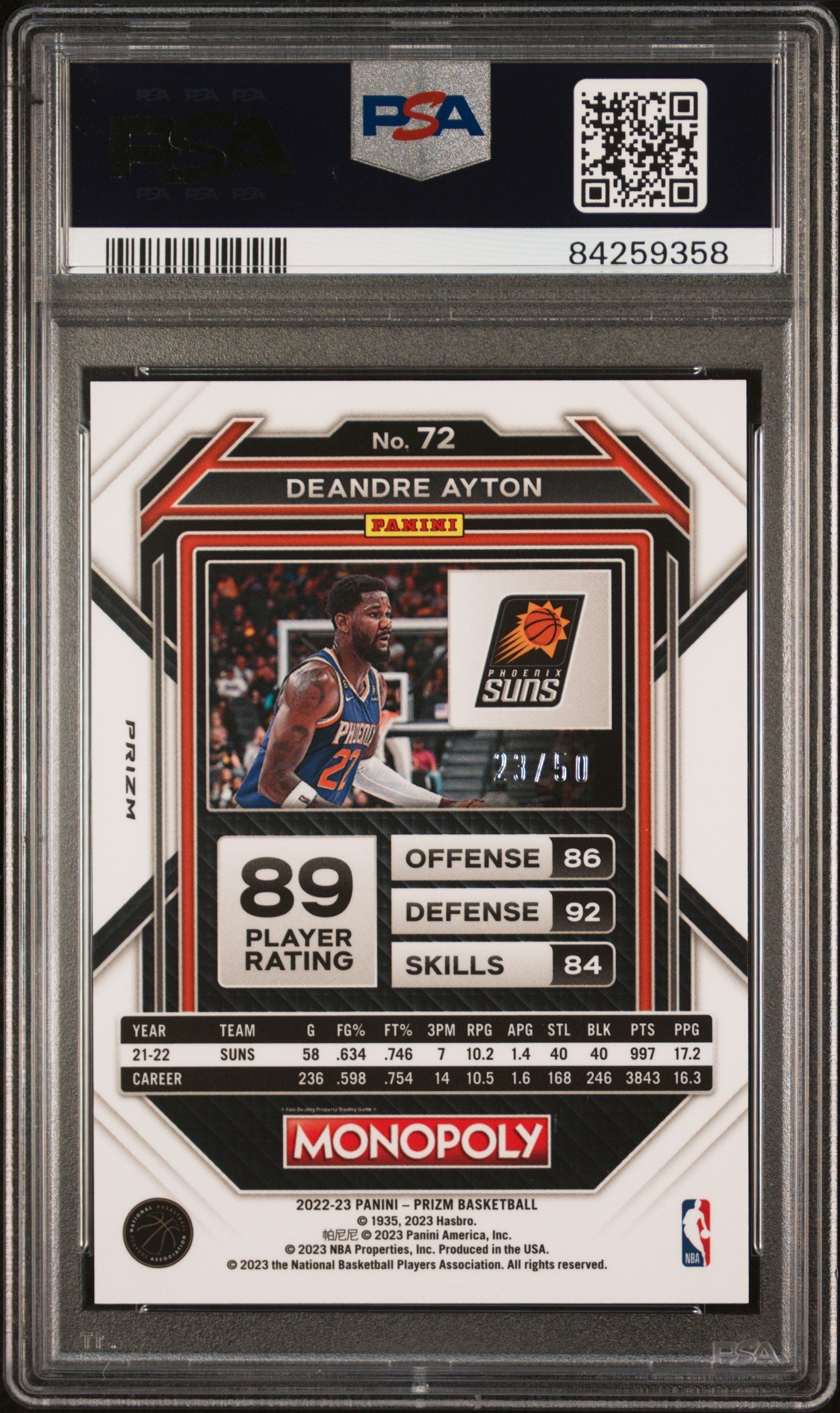 2022 Panini Prizm Monopoly #72 DeAndre Ayton Purple Money Shimmer /50 PSA 10