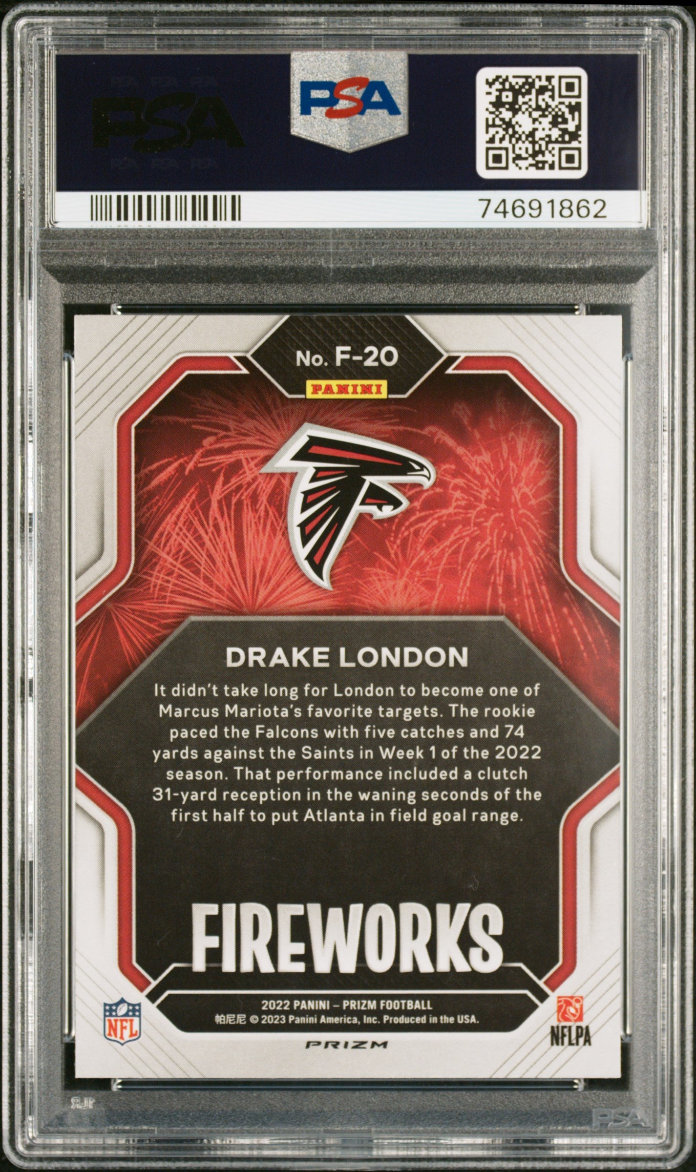 2022 Panini Prizm #20 Drake London Fireworks Prizms Silver PSA 10