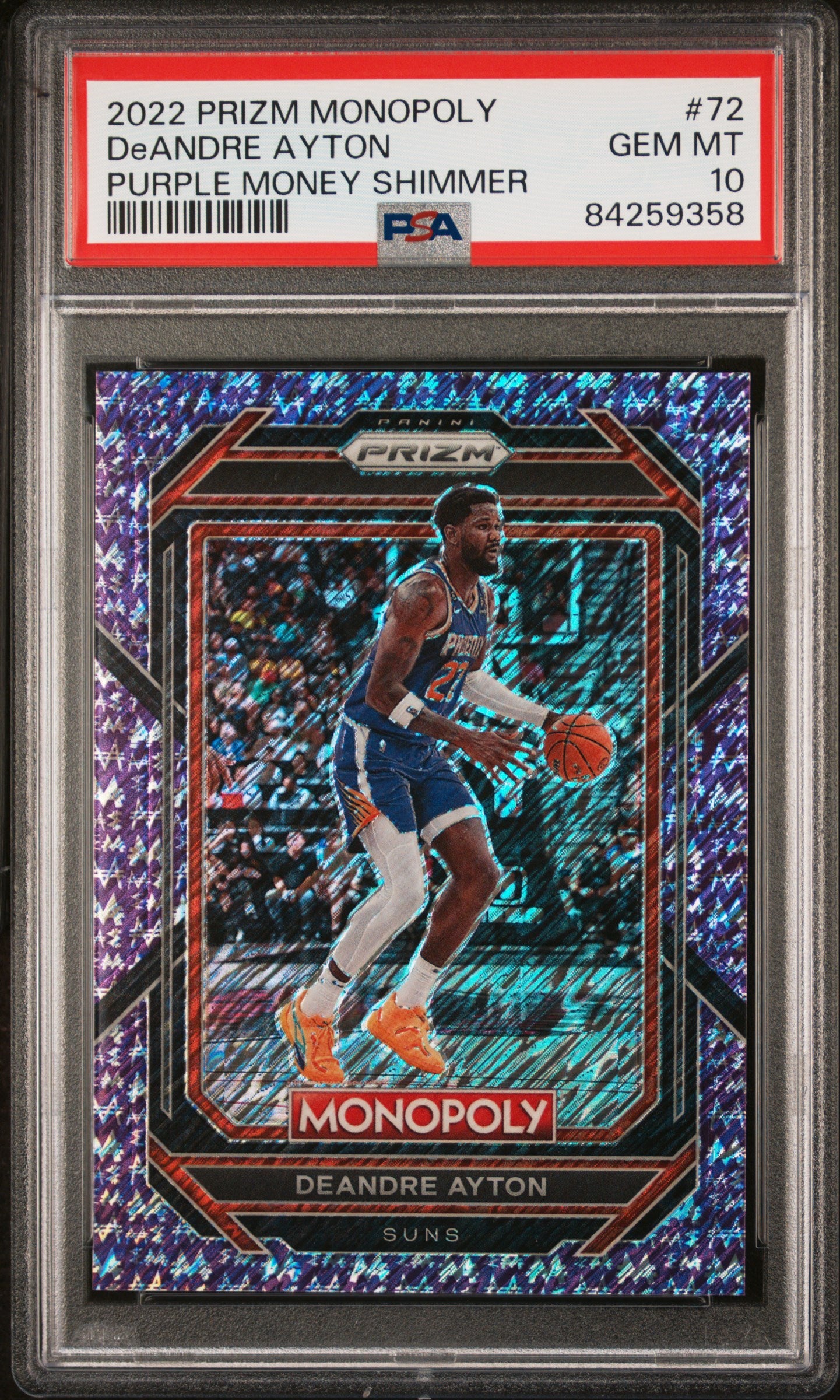 2022 Panini Prizm Monopoly #72 DeAndre Ayton Purple Money Shimmer /50 PSA 10