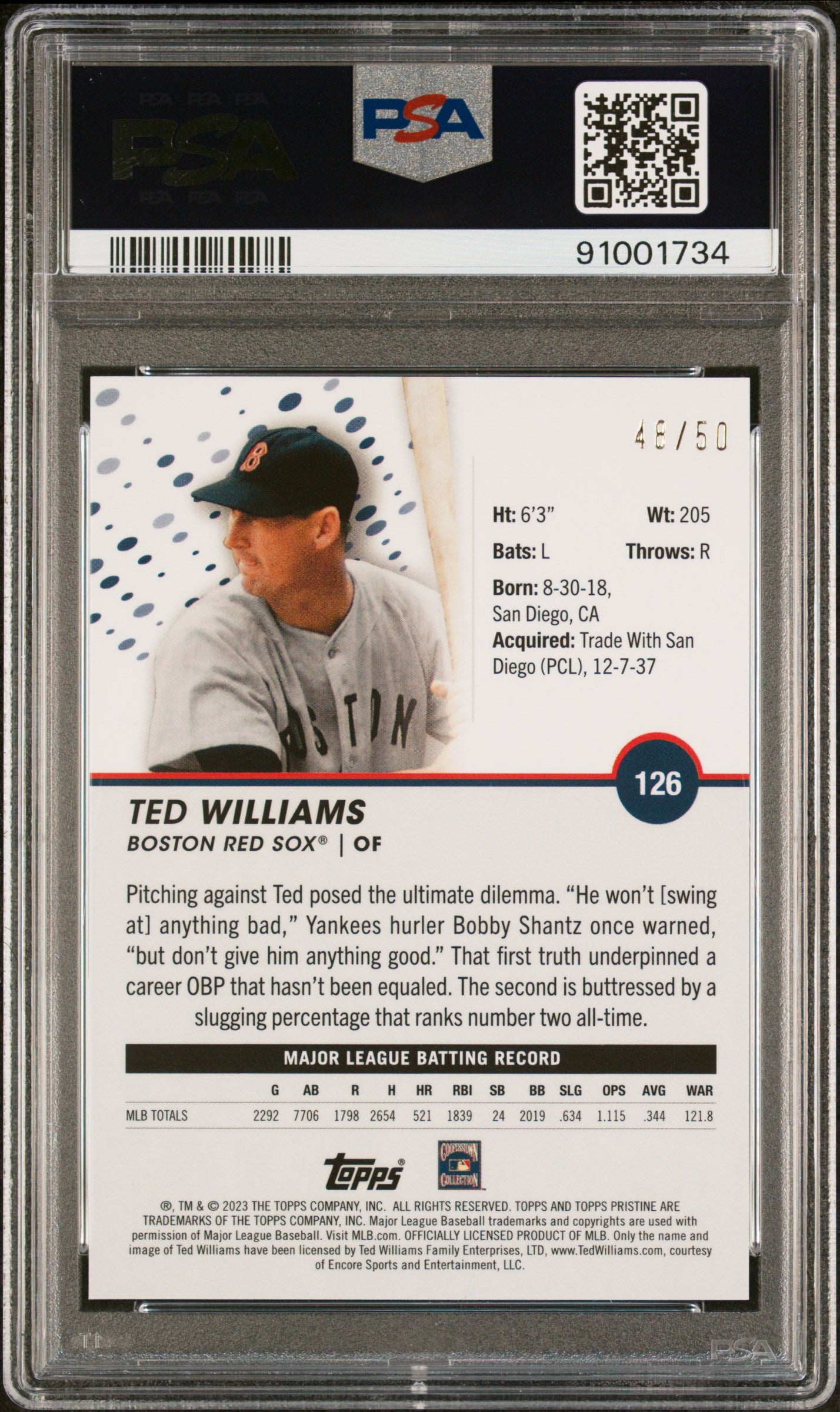 2023 Topps Pristine Gold Ted Williams /50 #126 PSA 10