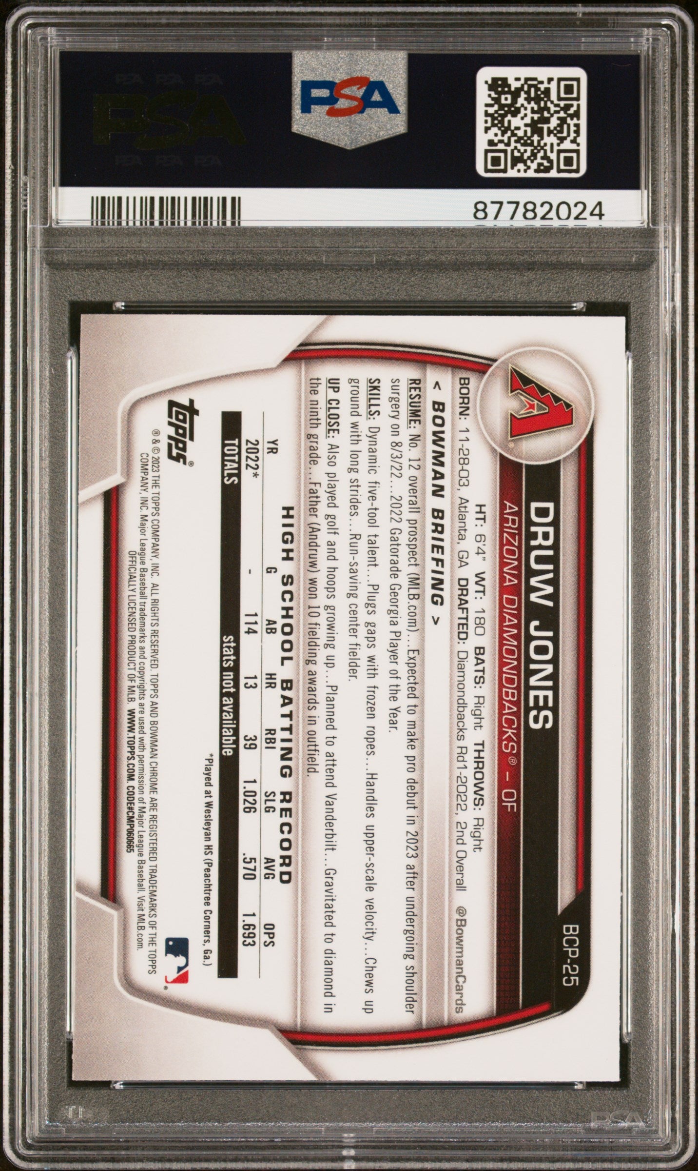 2023 Bowman Chrome #BCP25 Druw Jones Prospect PSA 9