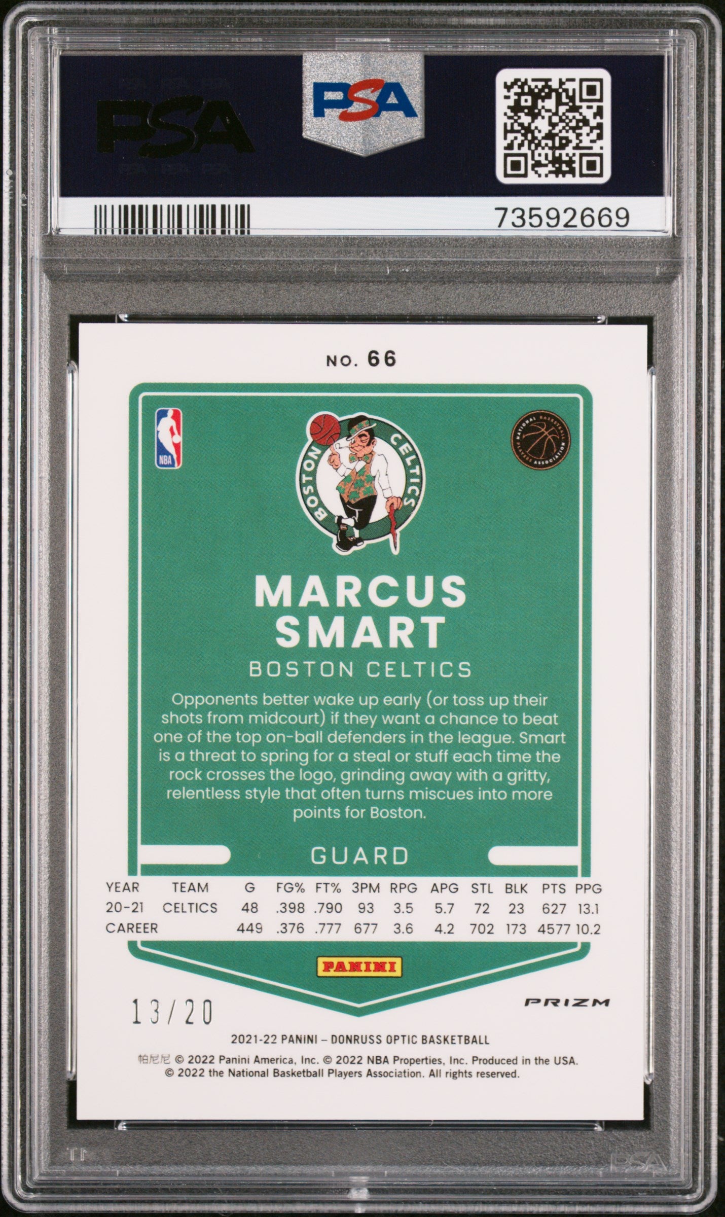 2021 Donruss Optic #66 Marcus Smart Fast Break Pink /20 PSA 10