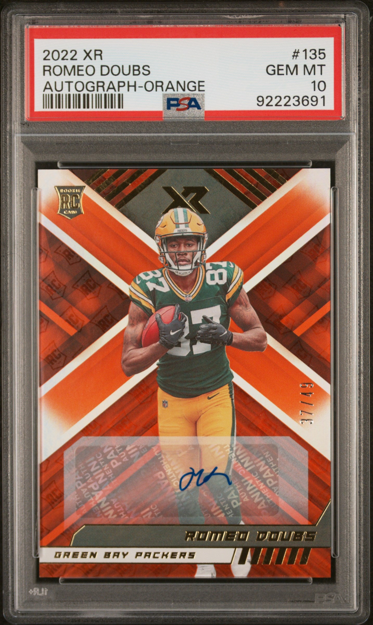 2022 Panini XR Orange Romeo Doubs #135 RC Auto /49 PSA 10