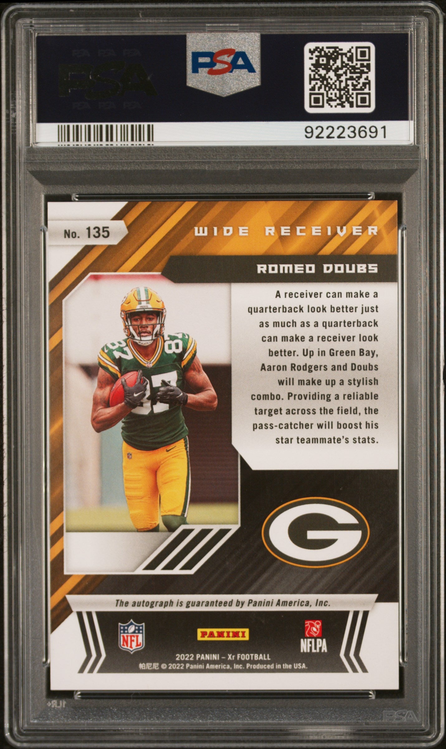 2022 Panini XR Orange Romeo Doubs #135 RC Auto /49 PSA 10