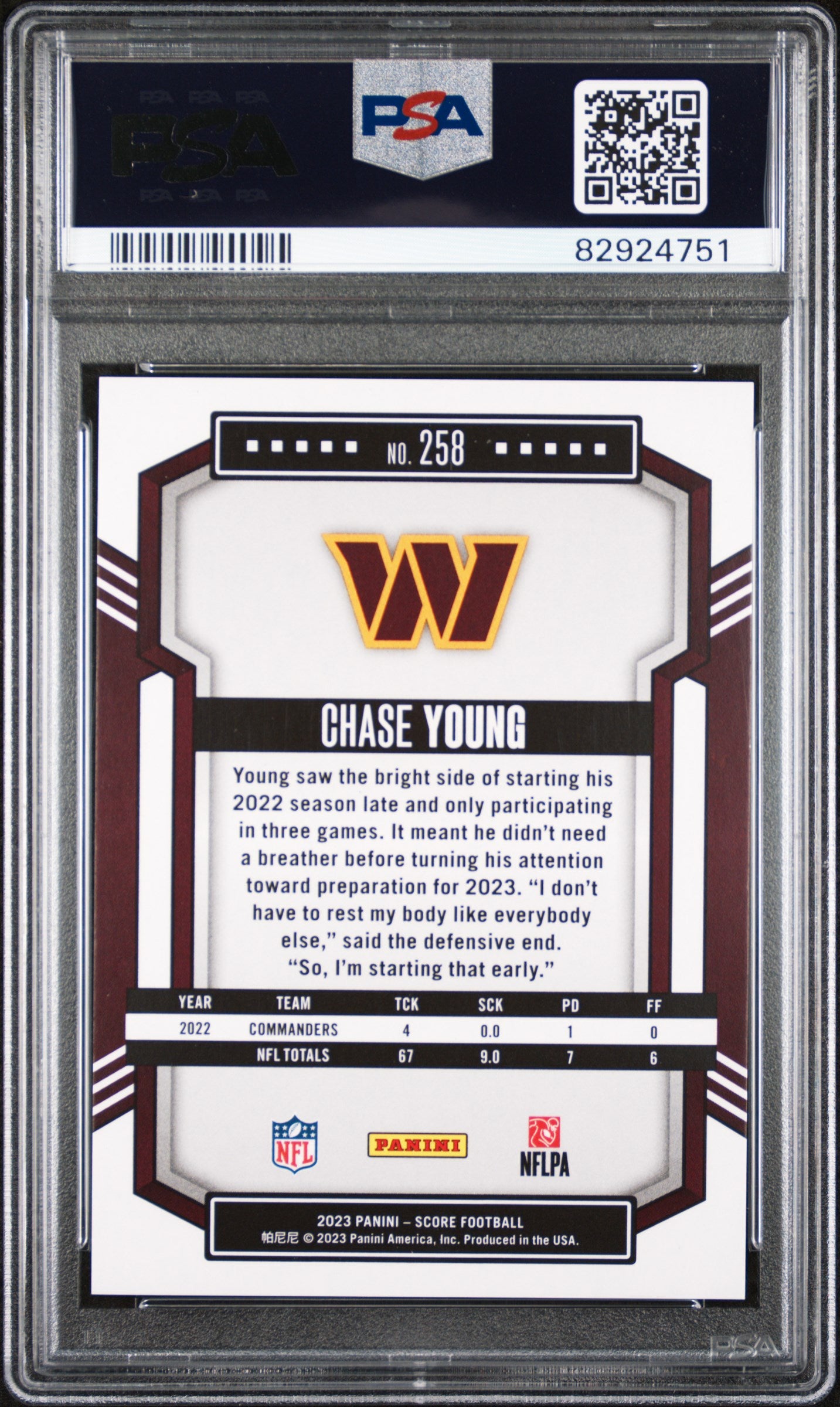 2023 Panini Score End Zone Chase Young #258 /6 PSA 9