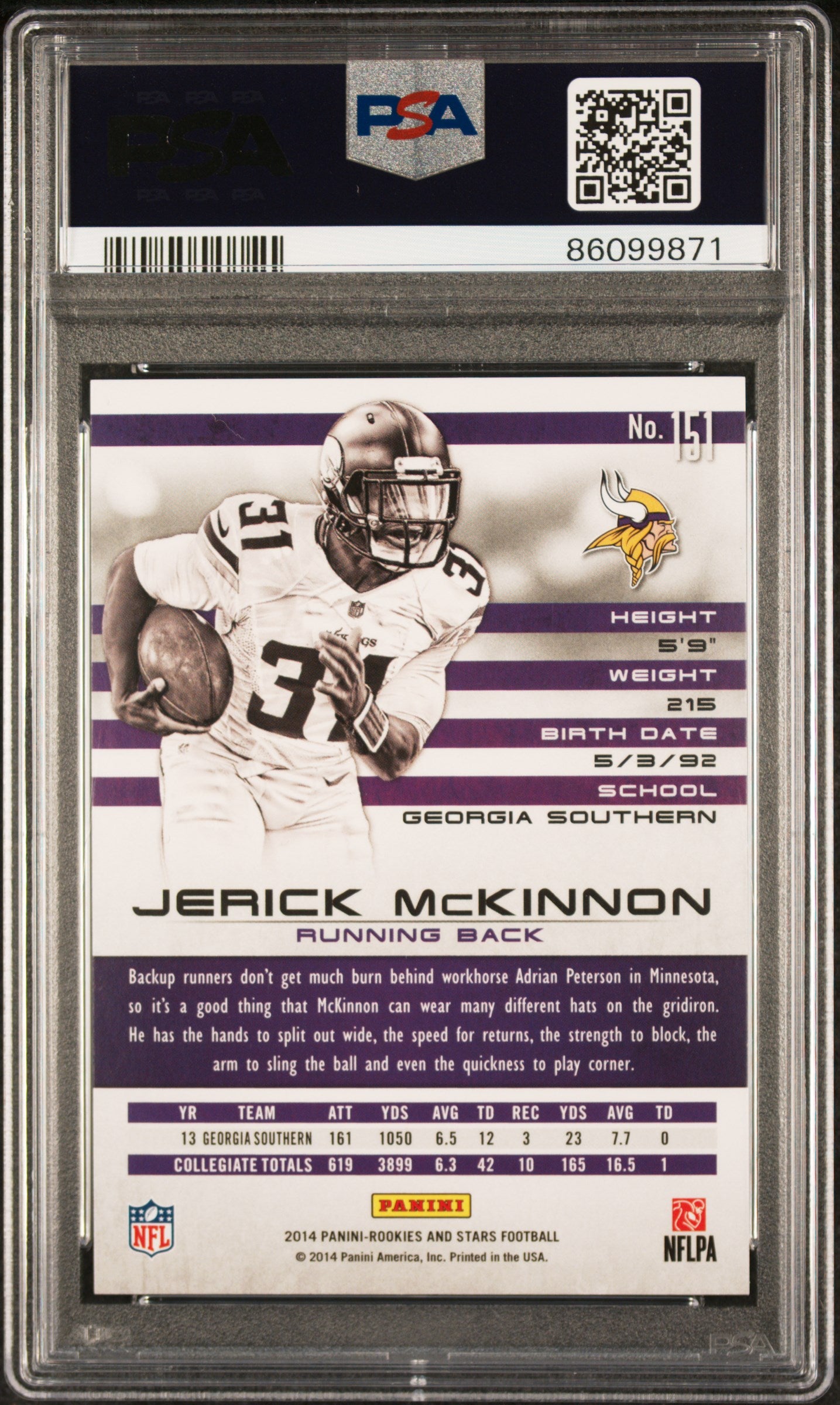2014 Panini R & S Longevity Team Logo Plat. Jerick McKinnon #151 RC /5 PSA 10