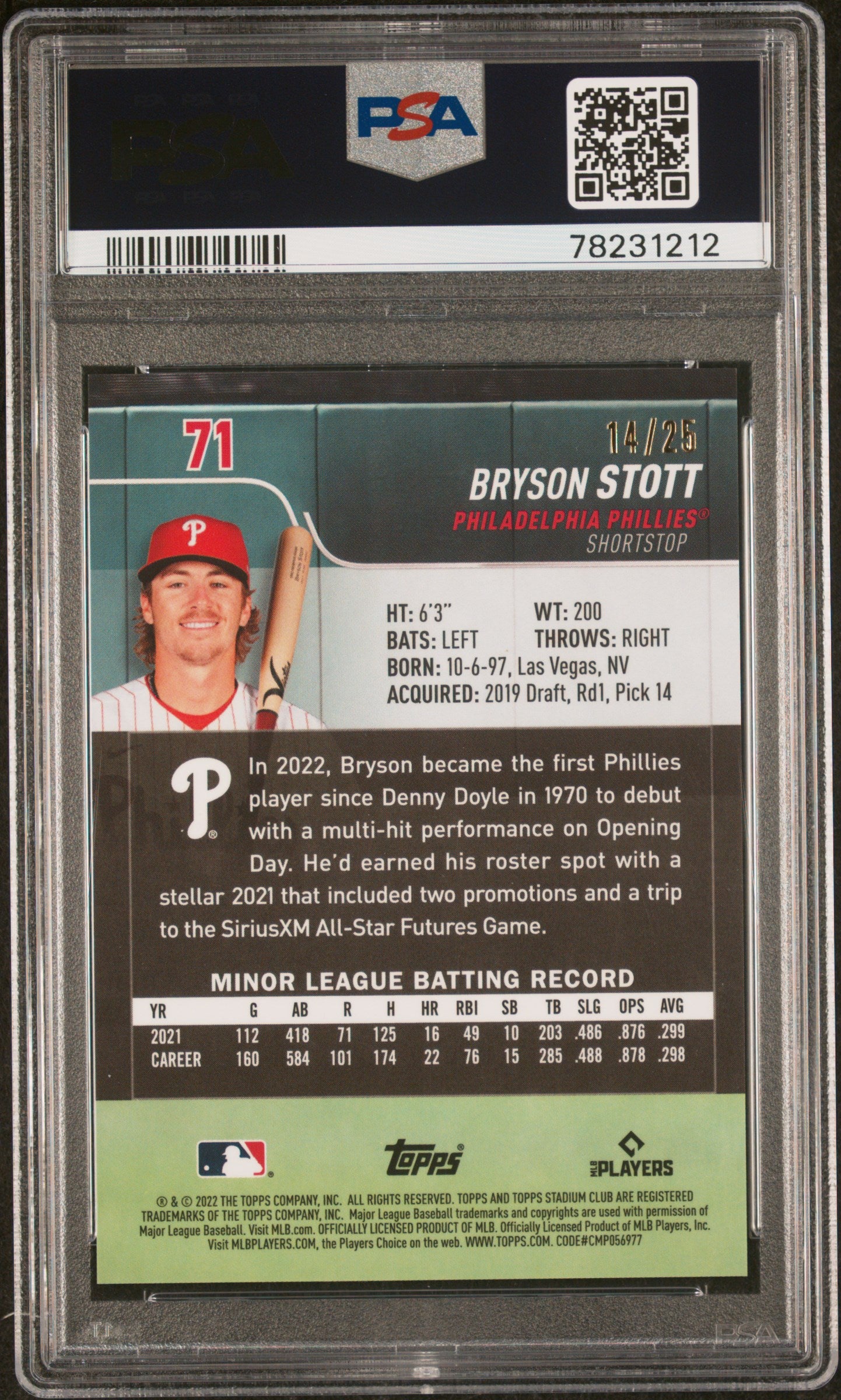 2022 Topps Stadium Club Chrome Orange Refractor Bryson Stott Rookie RC /25 PSA 9